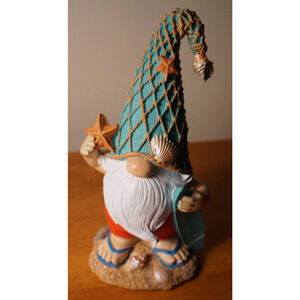 Beach Gnome Figurine Coastal Decor Nautical Starfish Surfboard Fishing Net Ocean